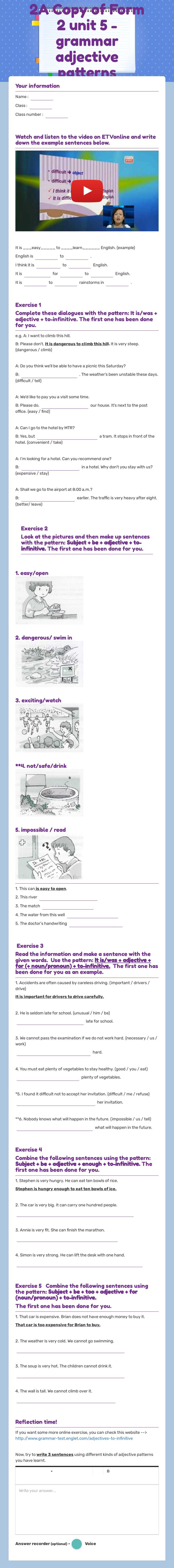 2A Copy of Form 2 unit 5 - grammar adjective patterns Grade 7 worksheet preview