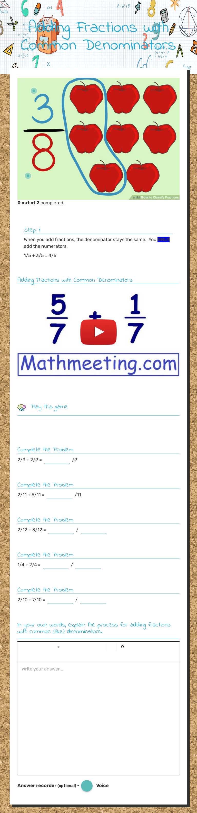 Adding Fractions with Common Denominators worksheet preview image