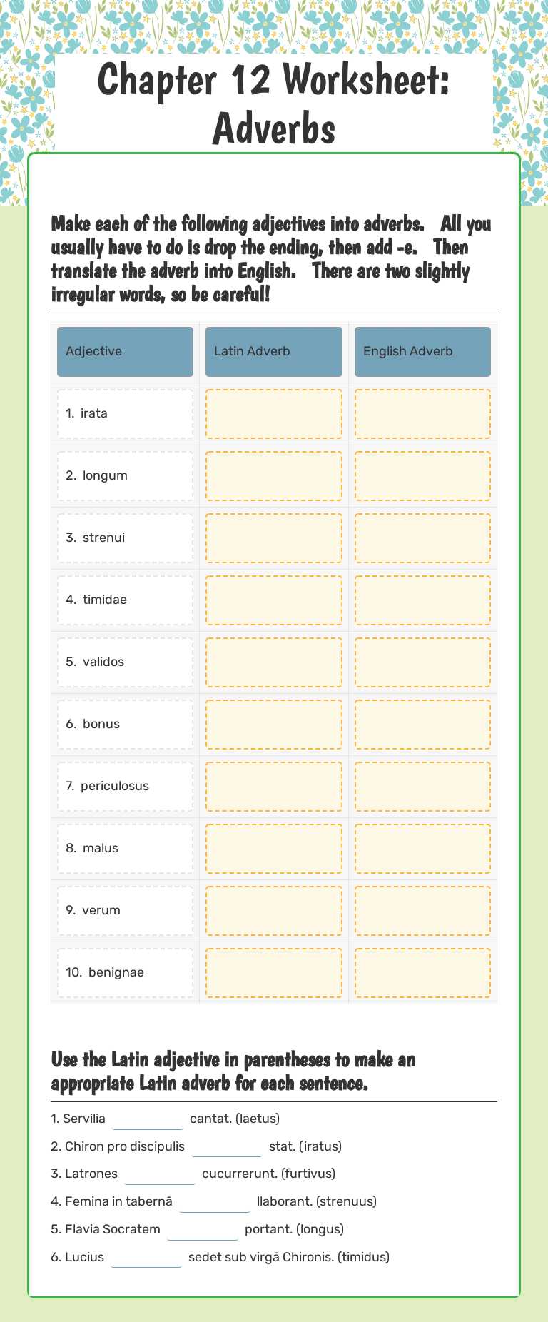 Chapter 12 Worksheet:  Adverbs worksheet preview image