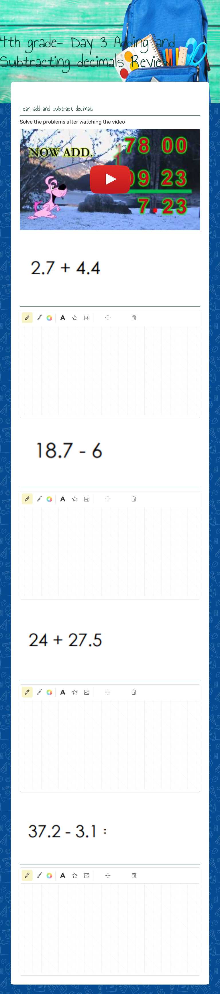 4th grade- Day 3 Adding and Subtracting decimals Review worksheet preview image