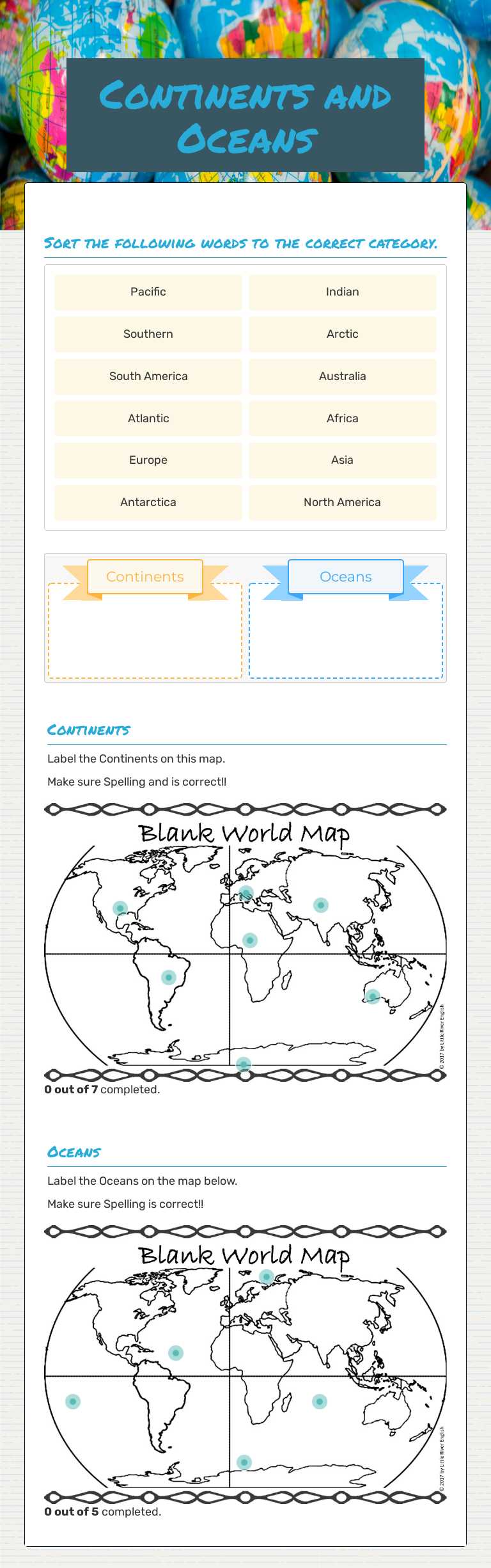 Continents and Oceans worksheet preview image