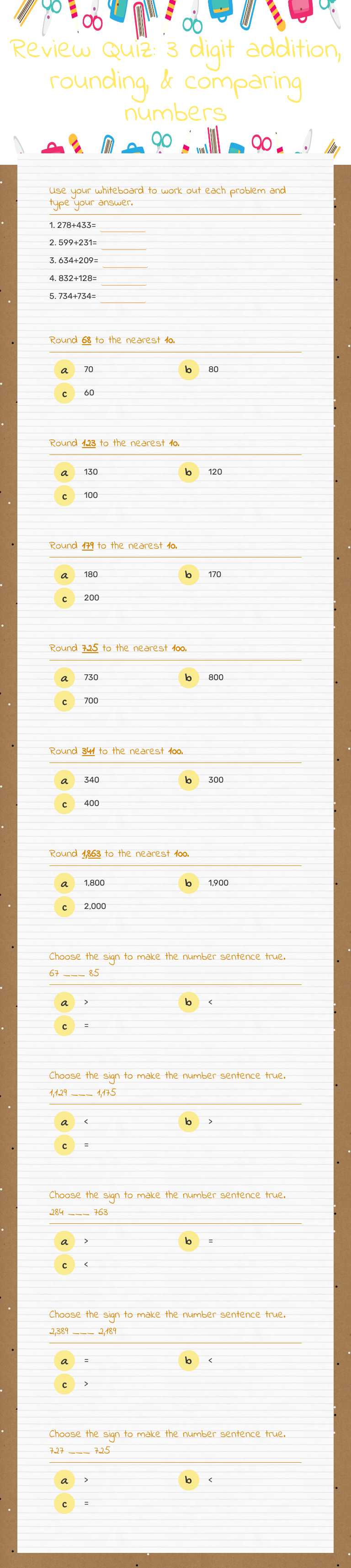 Review Quiz: 3 digit addition, rounding, & comparing numbers worksheet preview image