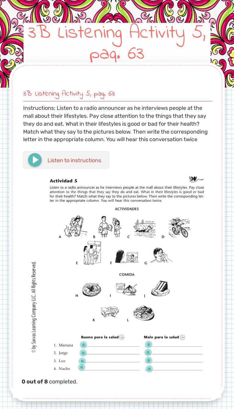 3B Listening Activity 5, pag. 63 Grade 10 worksheet preview