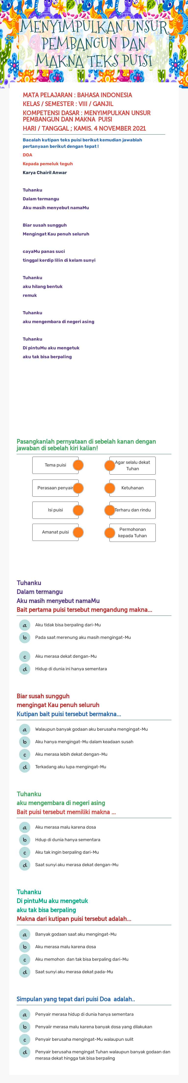 MENYIMPULKAN UNSUR PEMBANGUN DAN MAKNA TEKS PUISI worksheet preview image