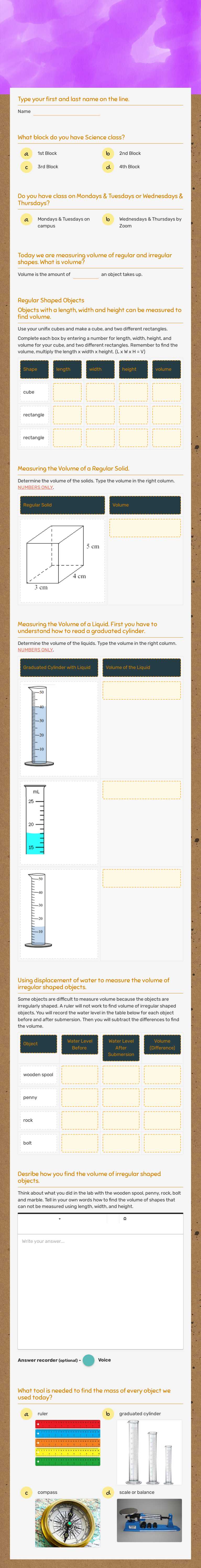 Measuring Volume Lab: Liquids & Regular Solids worksheet preview image