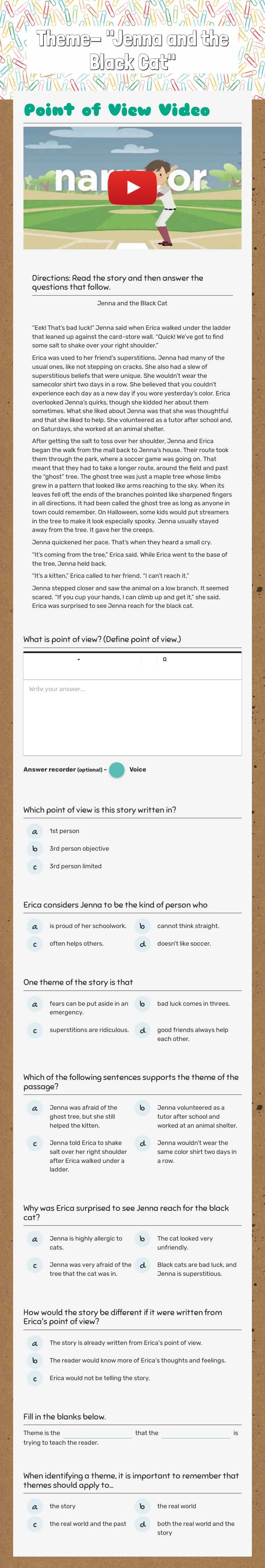 Theme- "Jenna and the Black Cat" worksheet preview image