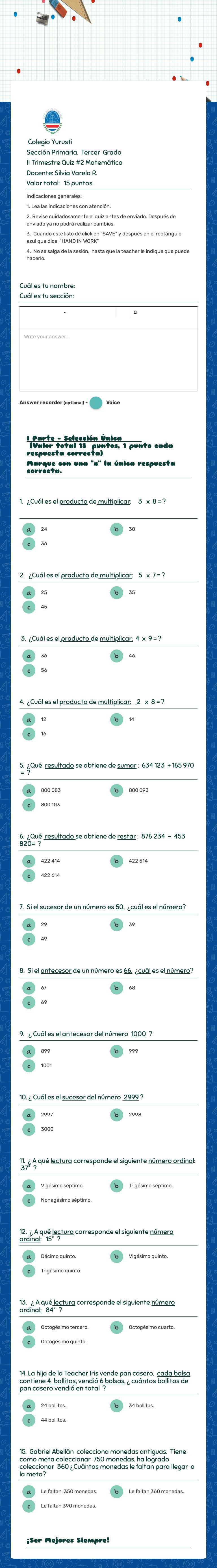 Matemática 3°. Quiz #2. II Trimestre Grade 3 worksheet preview