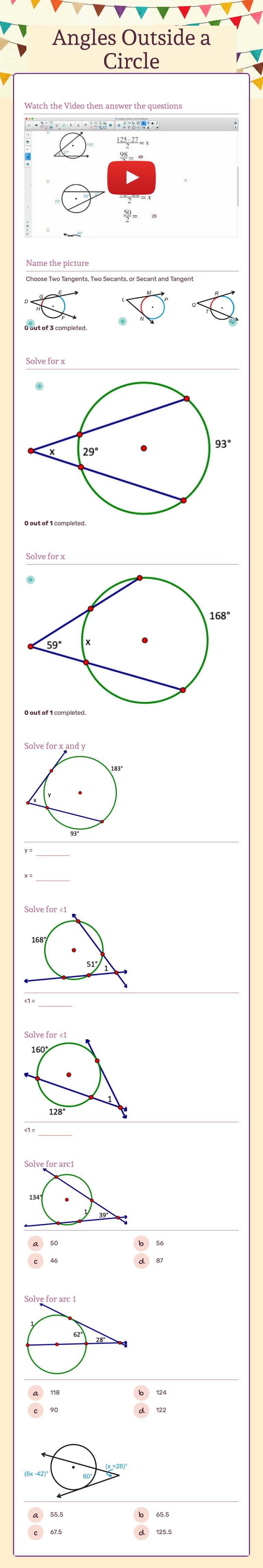 Angles Outside a Circle worksheet preview image