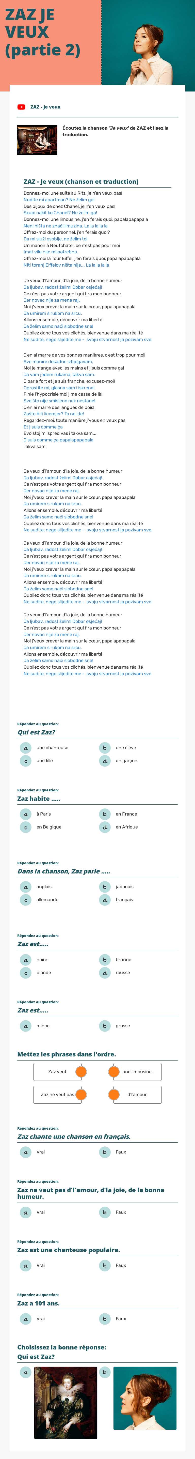 ZAZ  
JE VEUX 
(partie 2) worksheet preview image