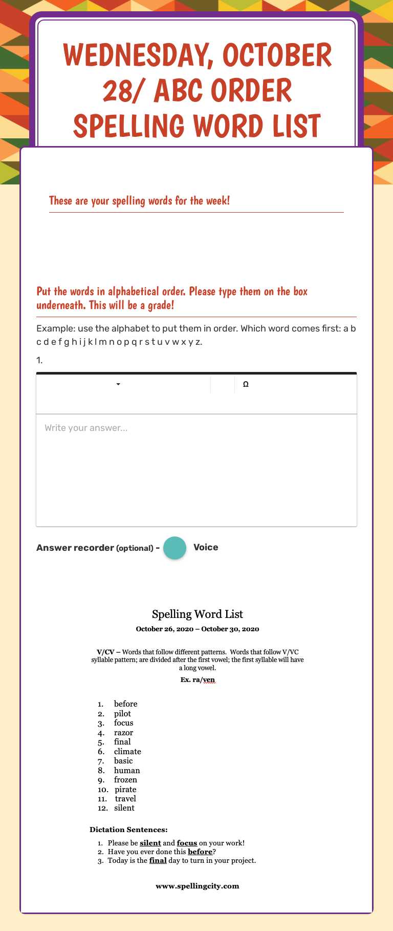 Wednesday, October 28/ ABC Order Spelling Word List worksheet preview image