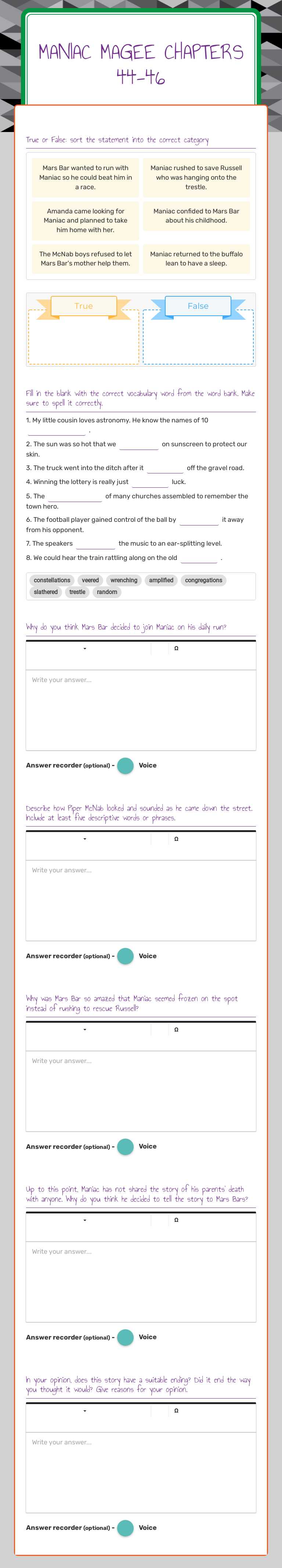 Maniac Magee Chapters 44-46 worksheet preview image