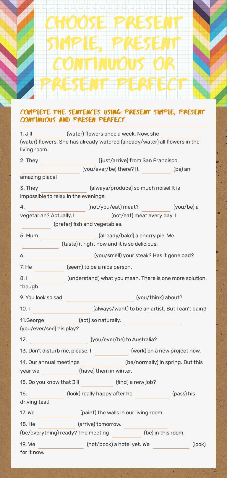 Choose Present Simple, Present Continuous or Present Perfect worksheet preview image