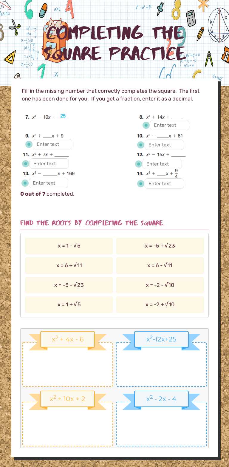 Completing the Square Practice worksheet preview image
