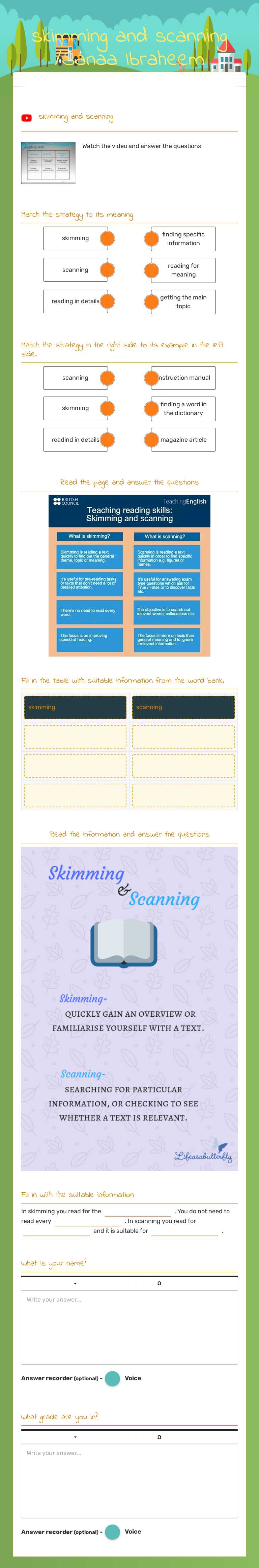 skimming and scanning /Sanaa Ibraheem Grade 7 worksheet preview