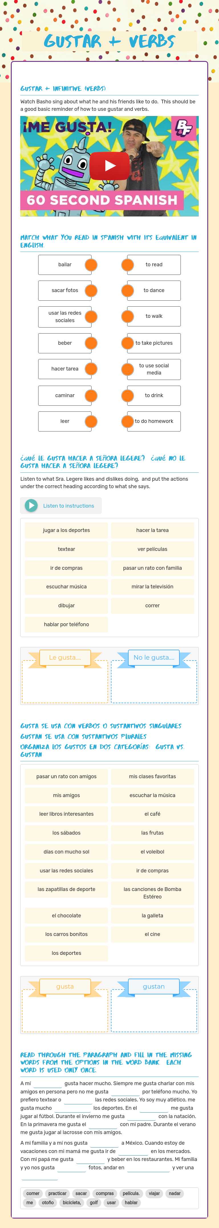 gustar + verbs worksheet preview image