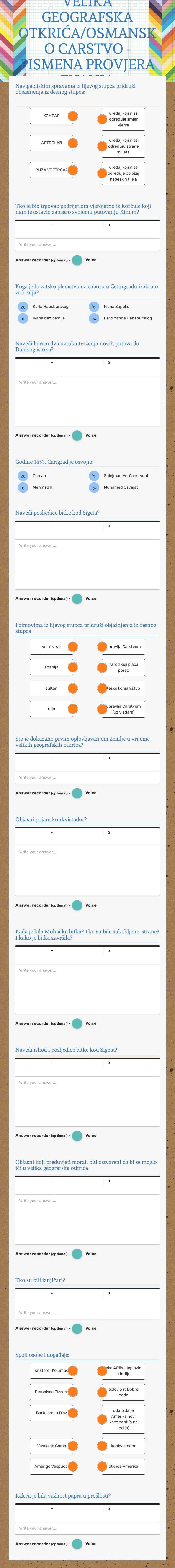 VELIKA GEOGRAFSKA OTKRIĆA/OSMANSKO CARSTVO - PISMENA PROVJERA ZNANJA Grade 6 worksheet preview