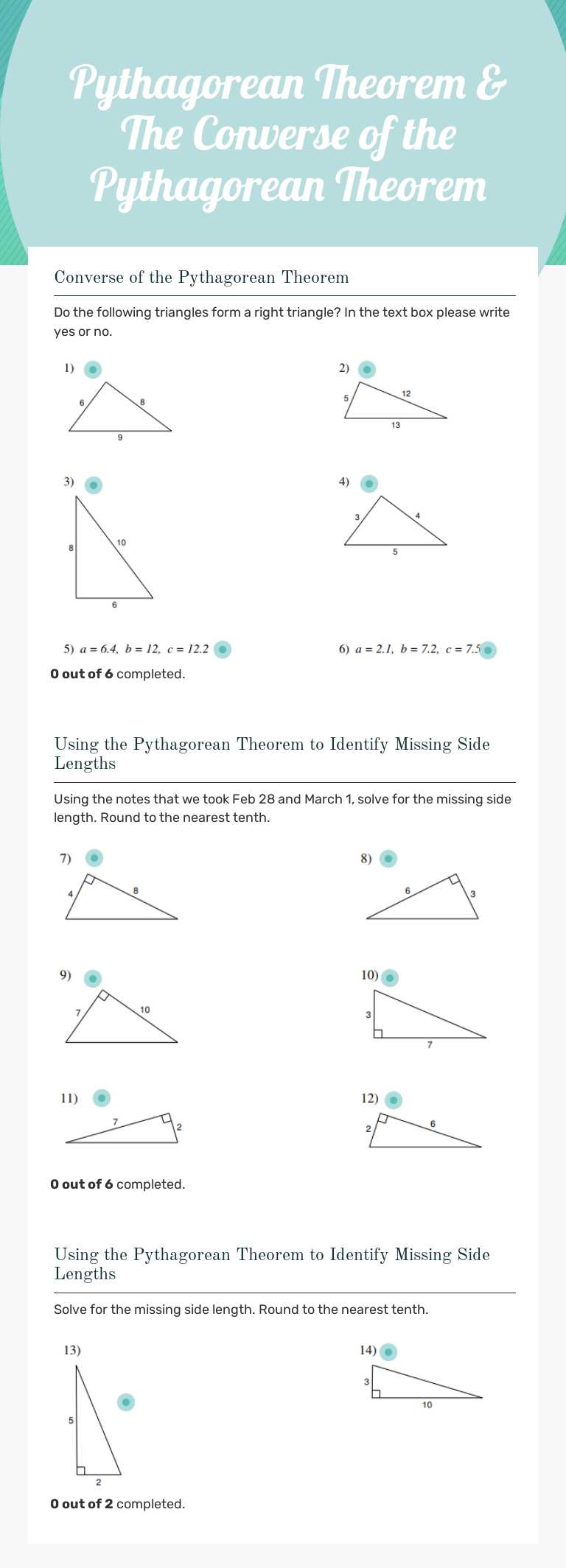 Pythagorean Theorem & The  Converse of the Pythagorean Theorem Grade 8 worksheet preview
