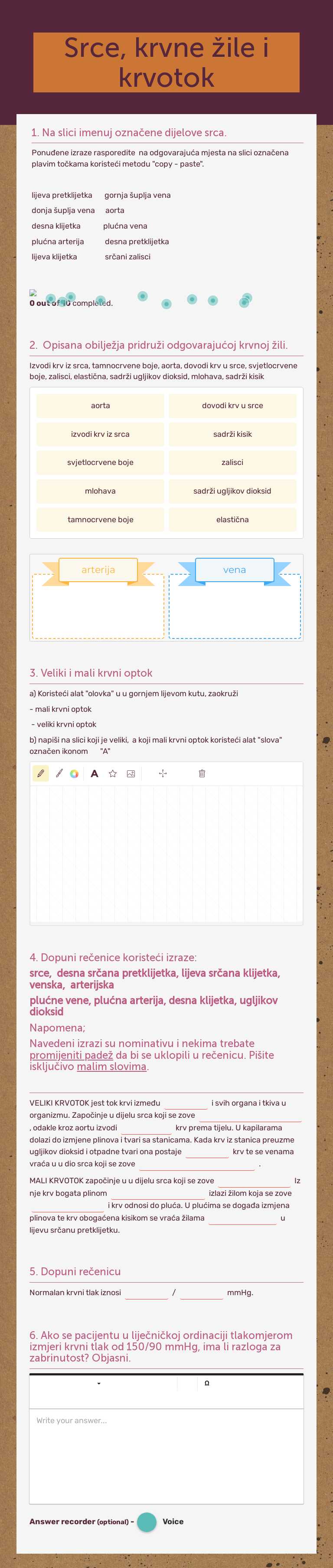 Srce, krvne žile i krvotok Grade 8 worksheet preview