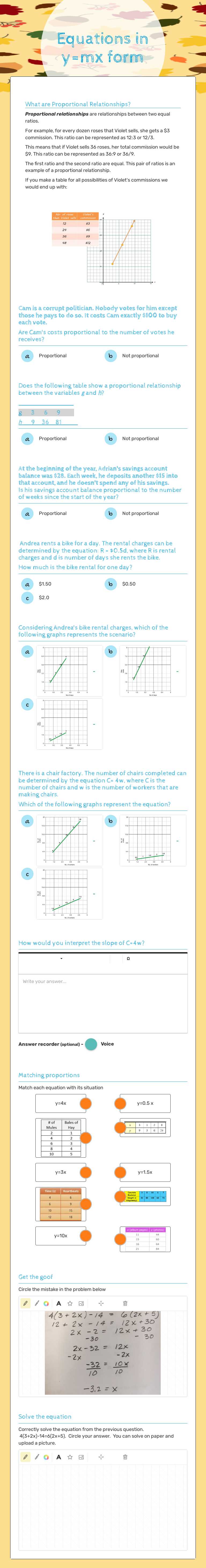 Equations in y=mx form worksheet preview image
