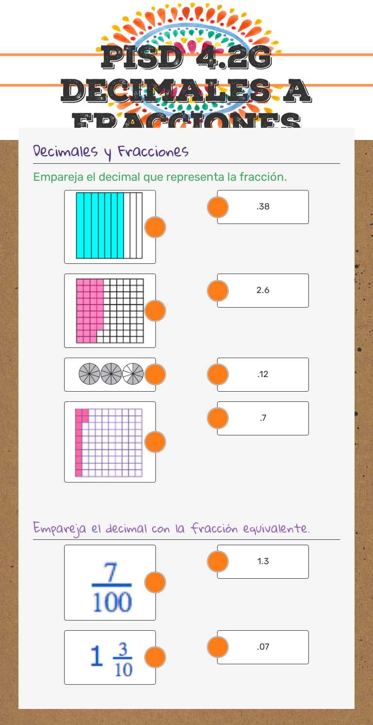 PISD 4.2G Decimales a Fracciones Grade 4 worksheet preview
