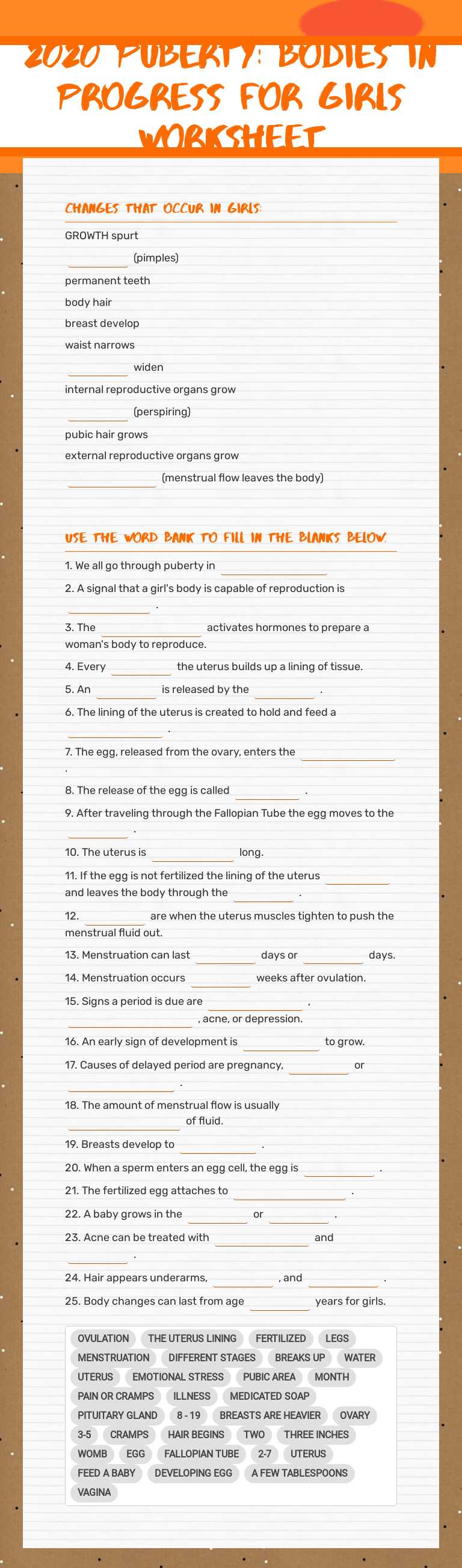 2020 Puberty: bodies in progress for girls worksheet Grade 7 worksheet preview