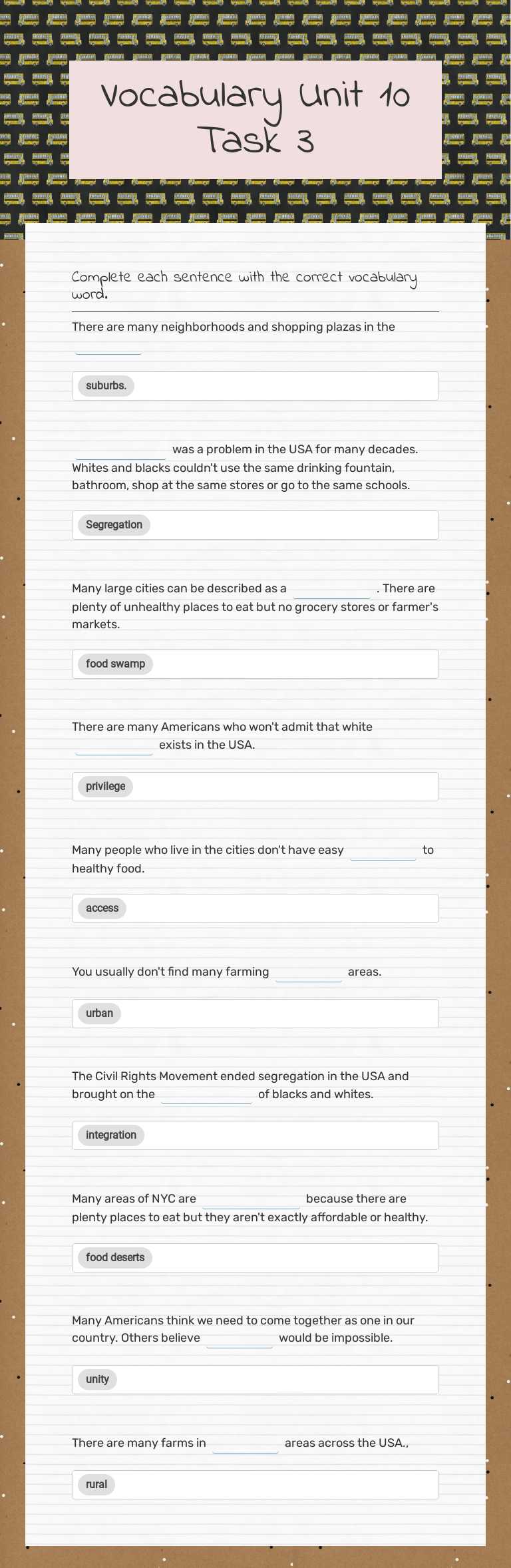 Vocabulary Unit 10 Task 3 worksheet preview image