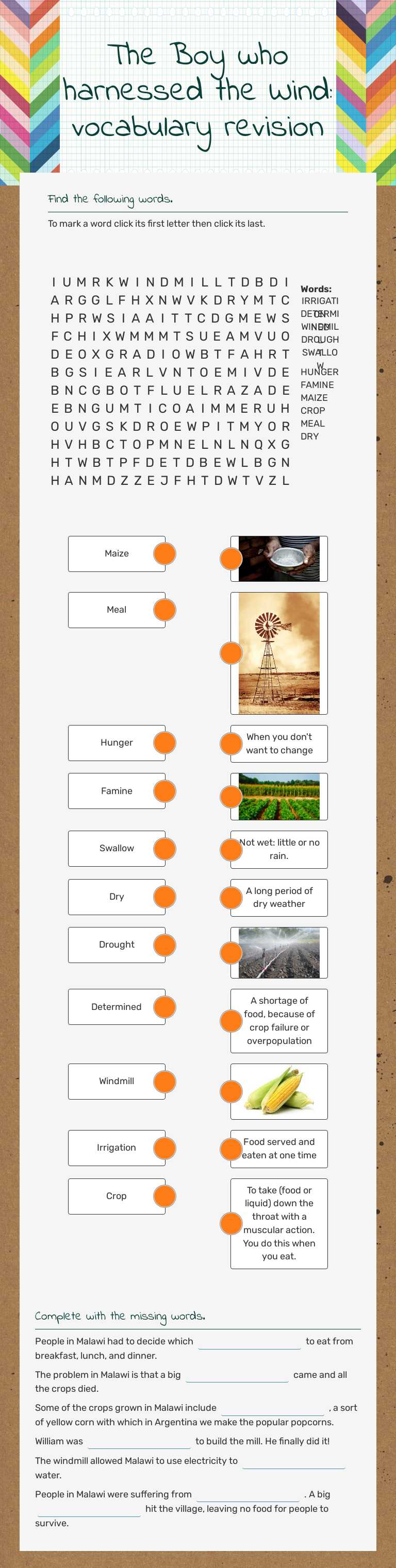 The Boy who harnessed the Wind: vocabulary revision worksheet preview image