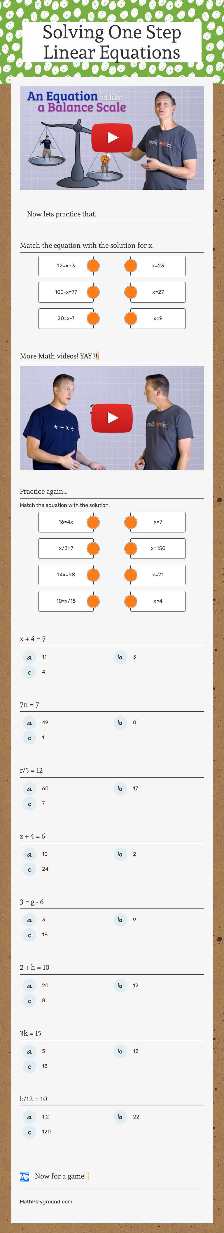 Solving One Step Linear Equations worksheet preview image