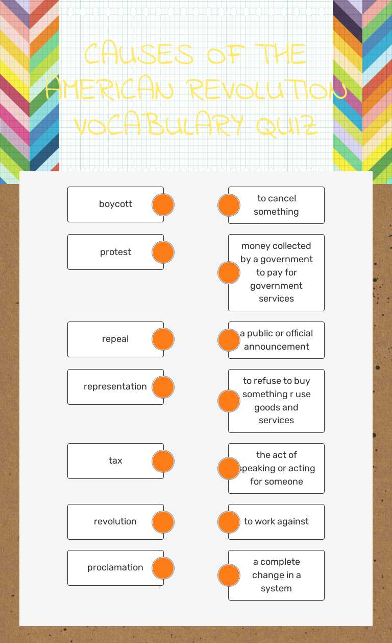 CAUSES OF THE AMERICAN REVOLUTION VOCABULARY QUIZ worksheet preview image