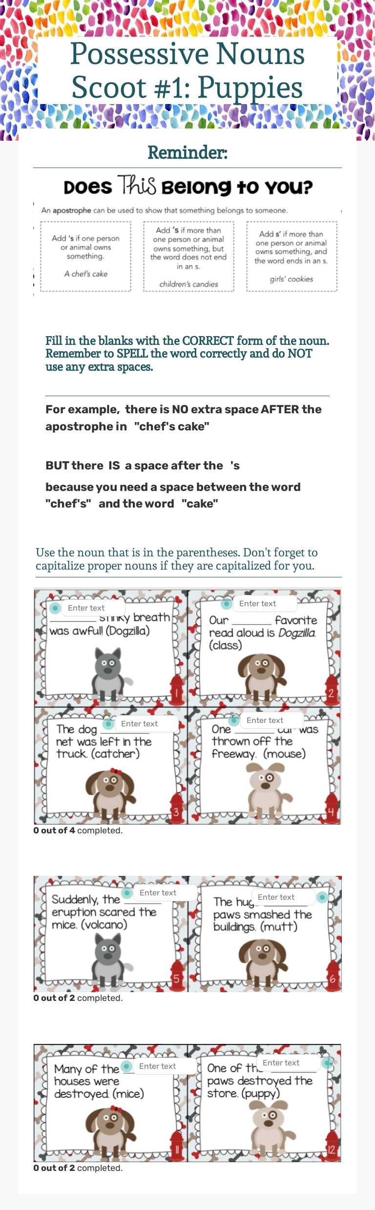 Possessive Nouns Scoot #1: Puppies worksheet preview image