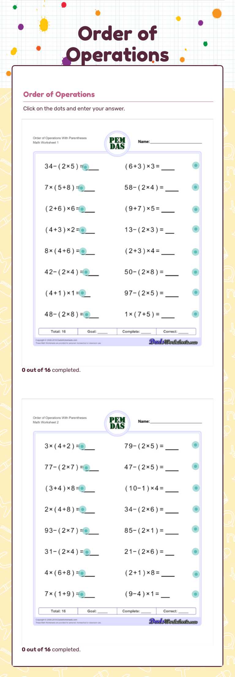 Order of Operations worksheet preview image