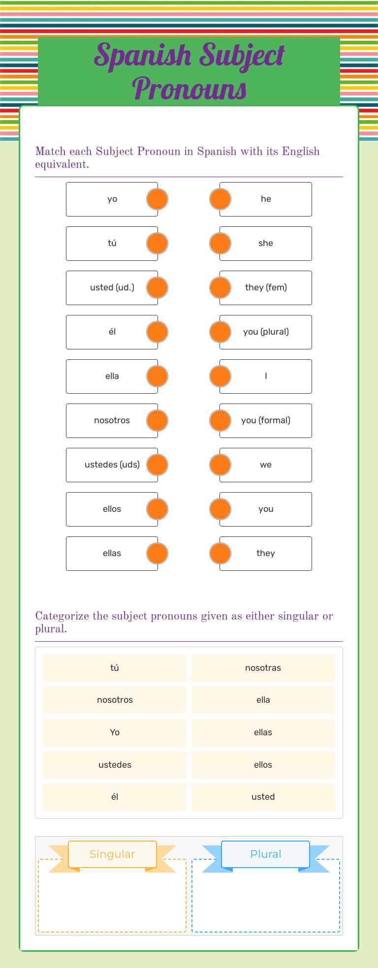 Spanish Subject Pronouns worksheet preview image