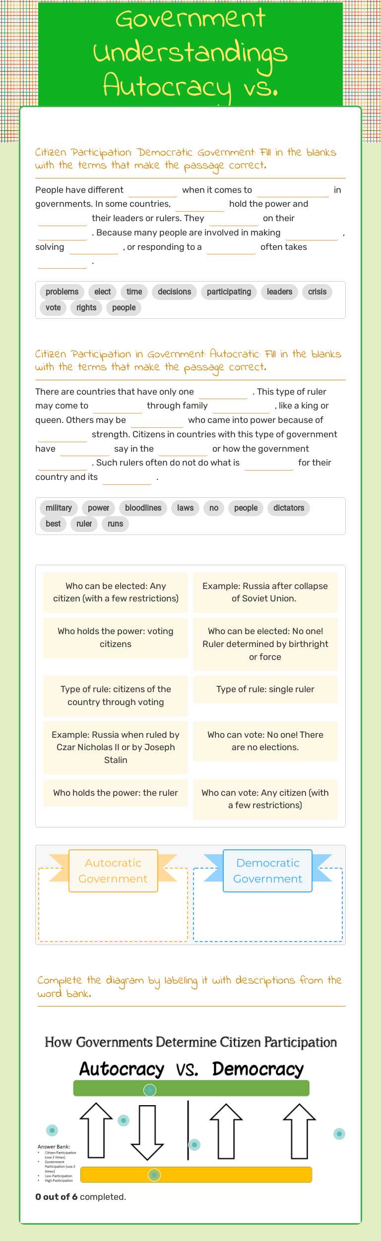 Government Understandings Autocracy vs. Democracy Grade 6 worksheet preview