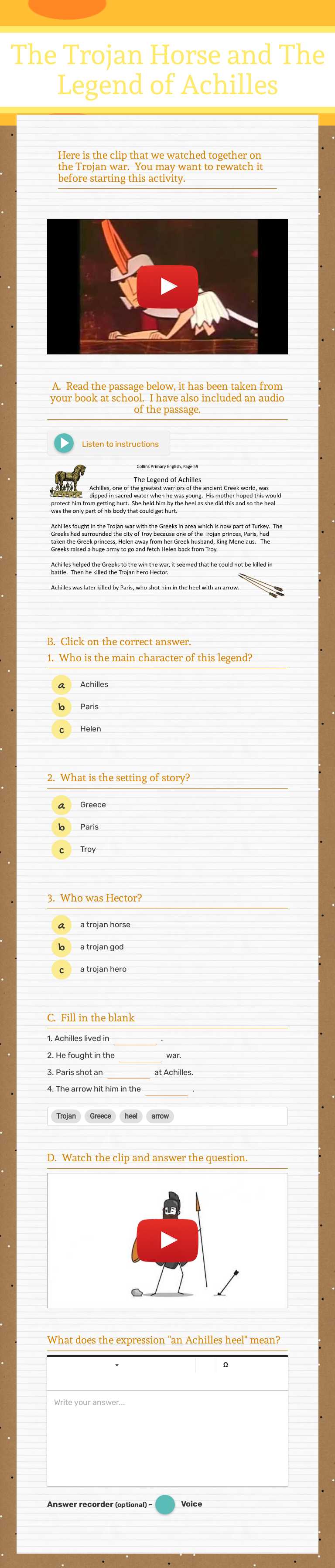 The Trojan Horse and The Legend of Achilles Grade 4 worksheet preview