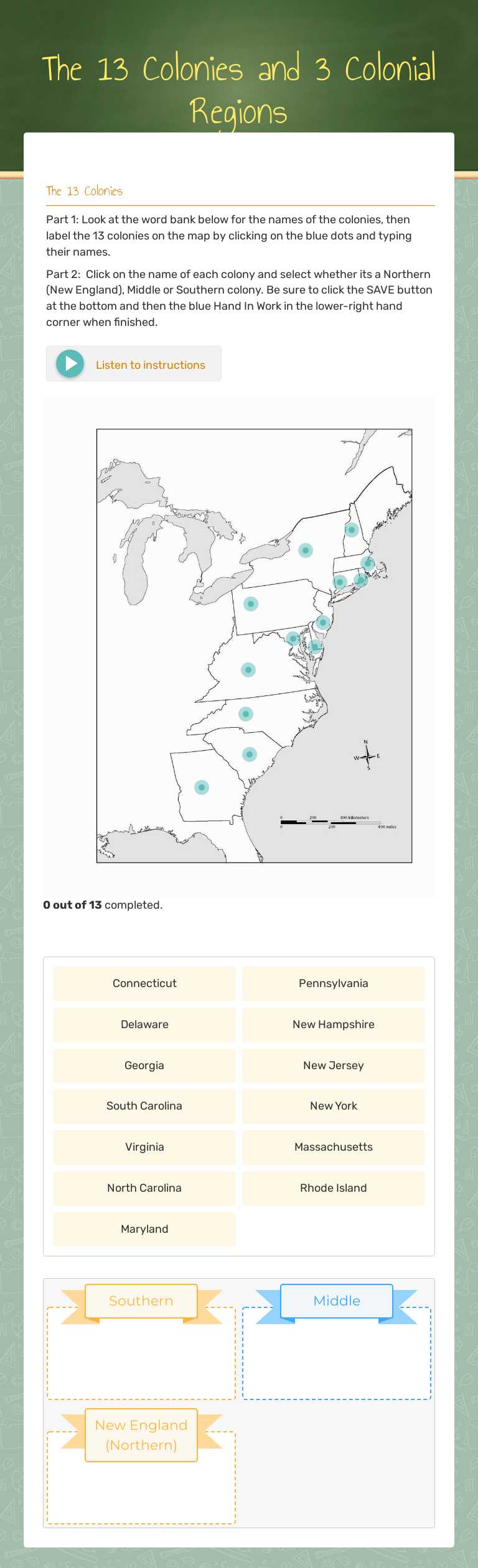 The 13 Colonies and 3 Colonial Regions worksheet preview image