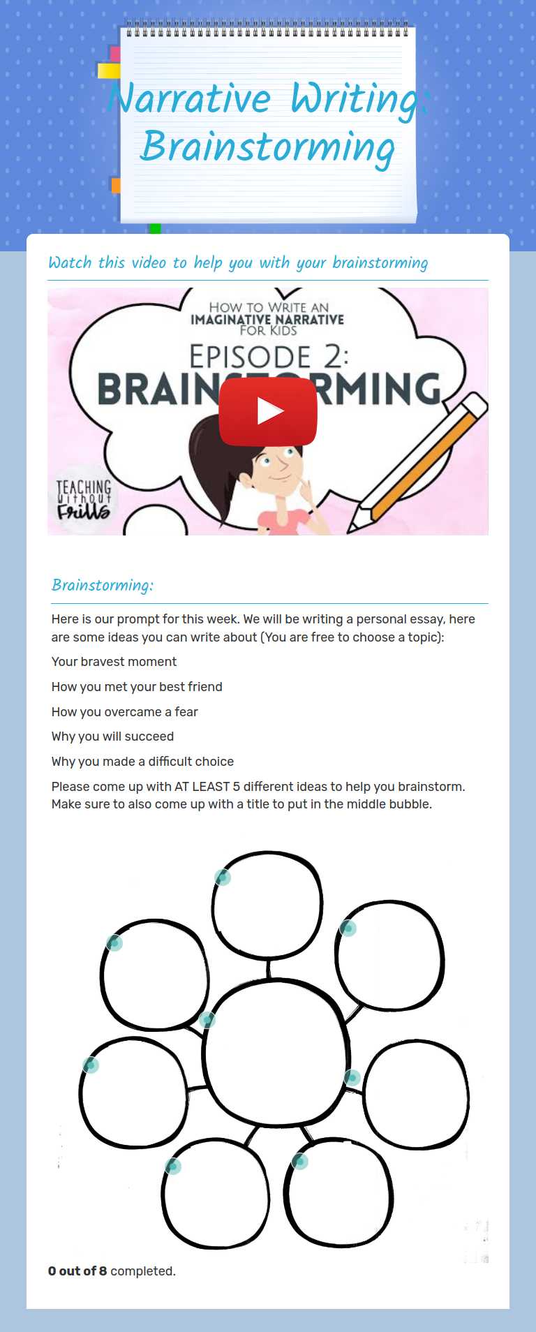 Narrative Writing: Brainstorming Grade 5 worksheet preview