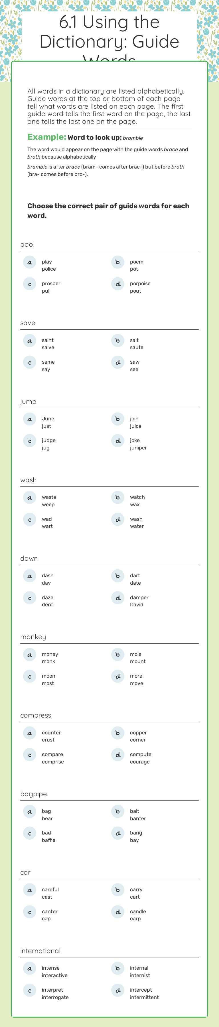 6.1 Using the Dictionary: Guide Words Grade 4 worksheet preview