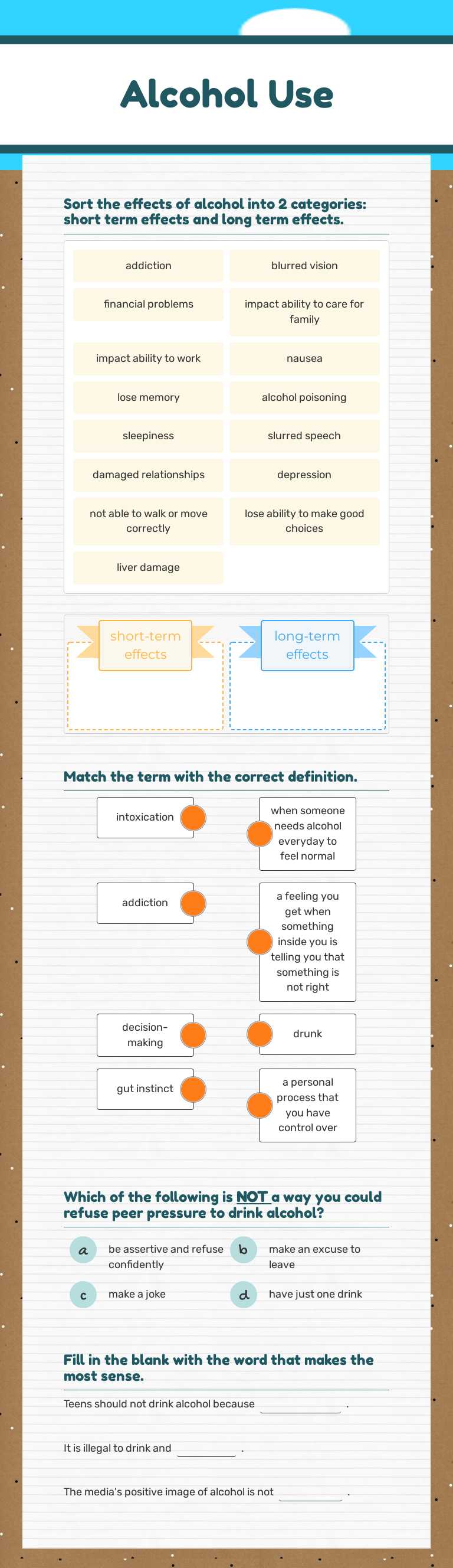 Alcohol Use worksheet preview image