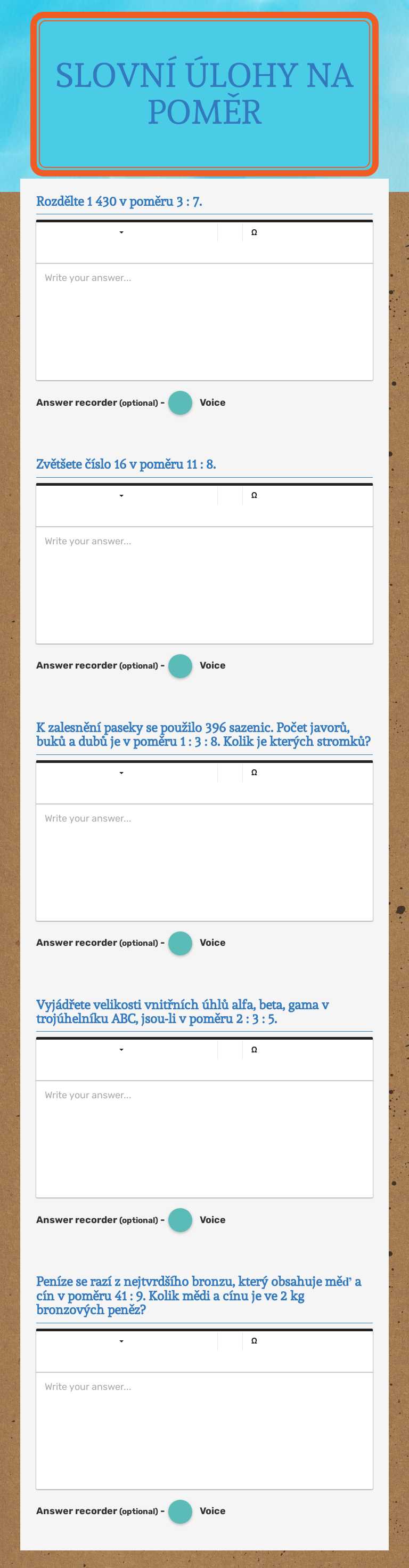 Slovní úlohy na poměr worksheet preview image