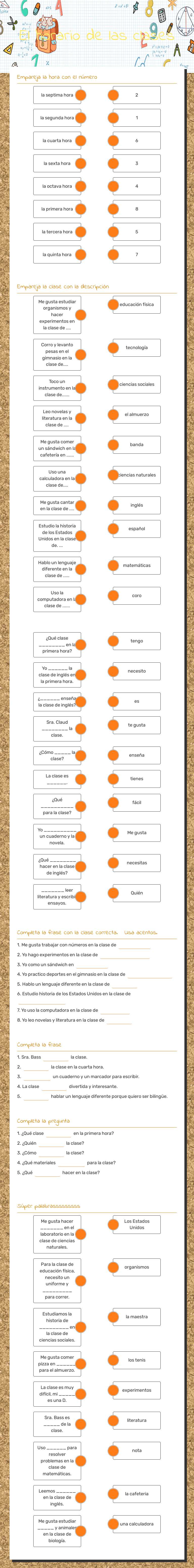El horario de las clases worksheet preview image