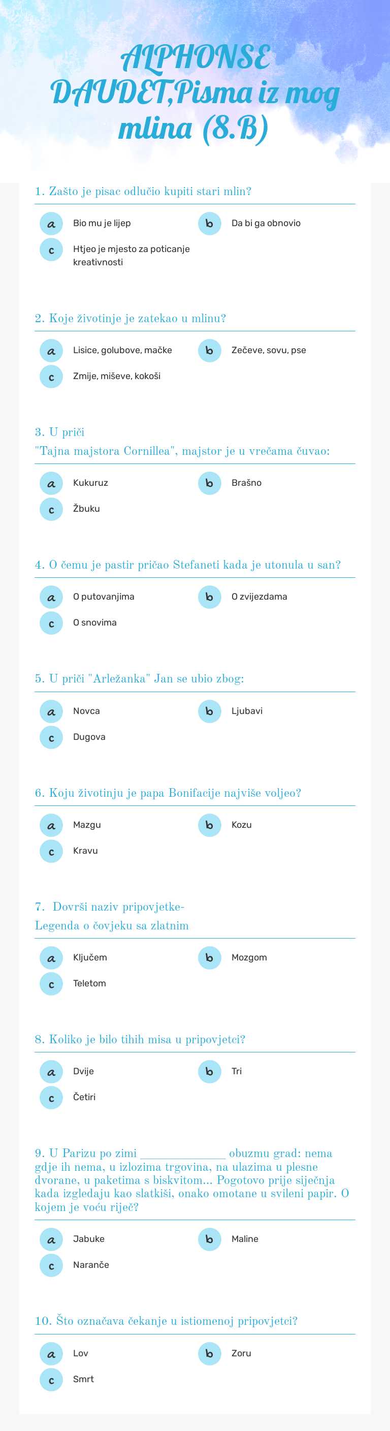 ALPHONSE DAUDET,Pisma iz mog mlina (8.B) worksheet preview image