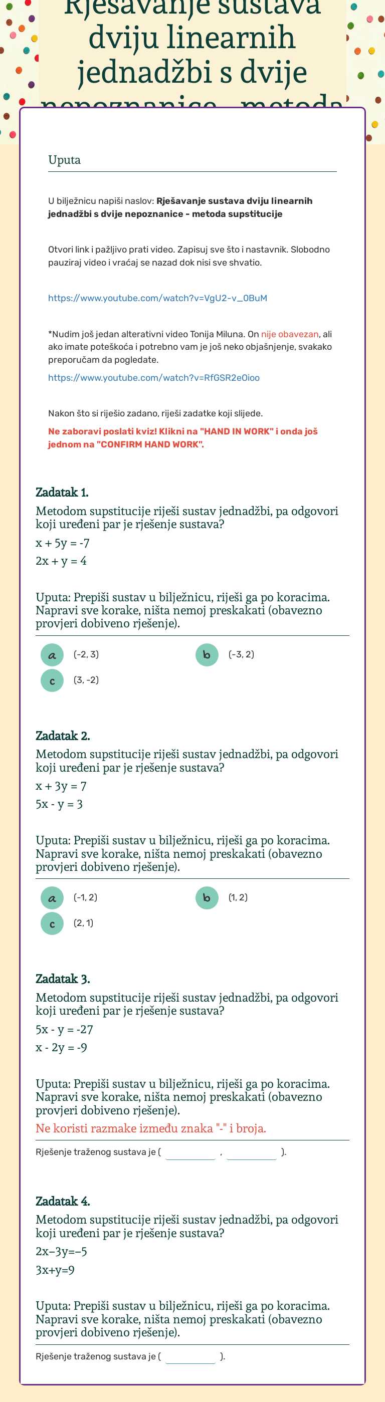 Rješavanje sustava dviju linearnih jednadžbi s dvije nepoznanice - metoda supstitucije Grade 7 worksheet preview