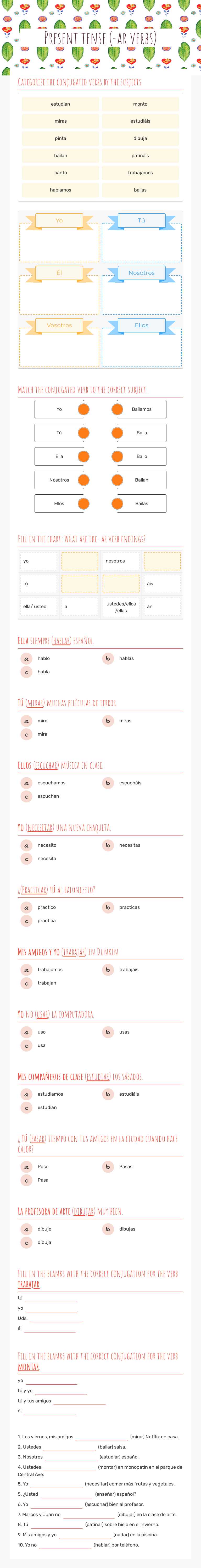 Present tense (-ar verbs) Grade 10 worksheet preview