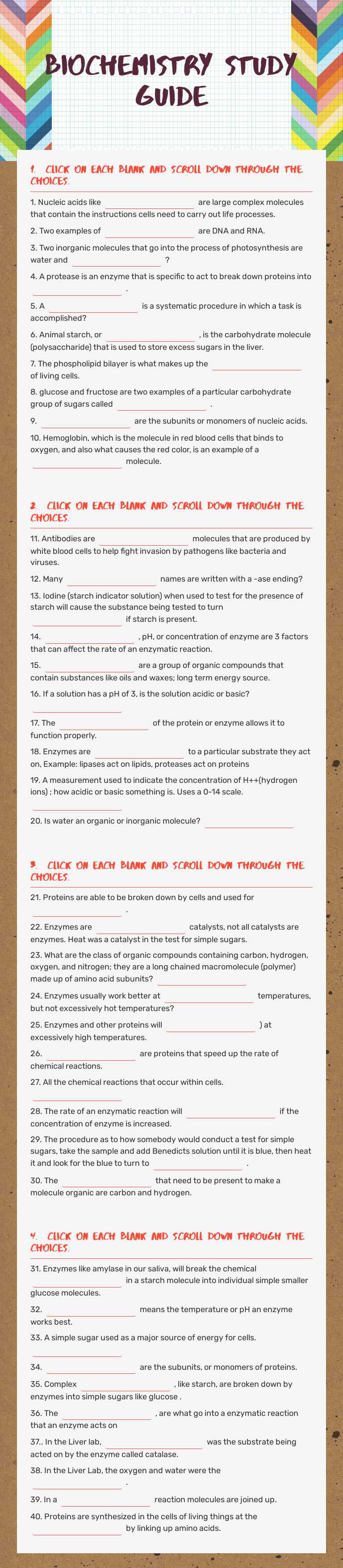 Biochemistry   Study Guide worksheet preview