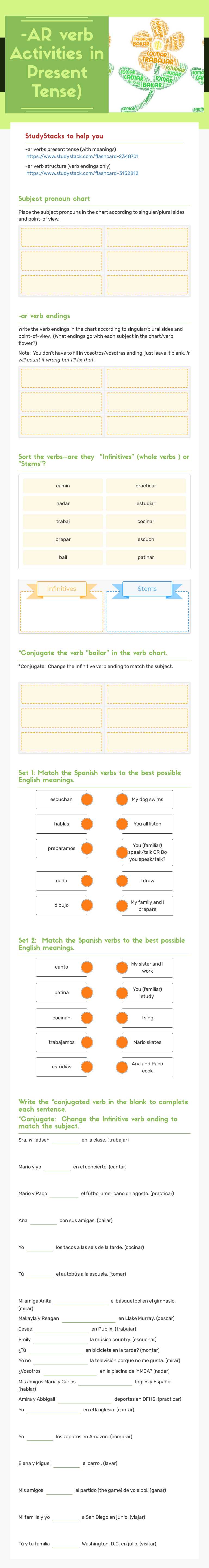 -AR verb Activities in Present Tense) worksheet preview image