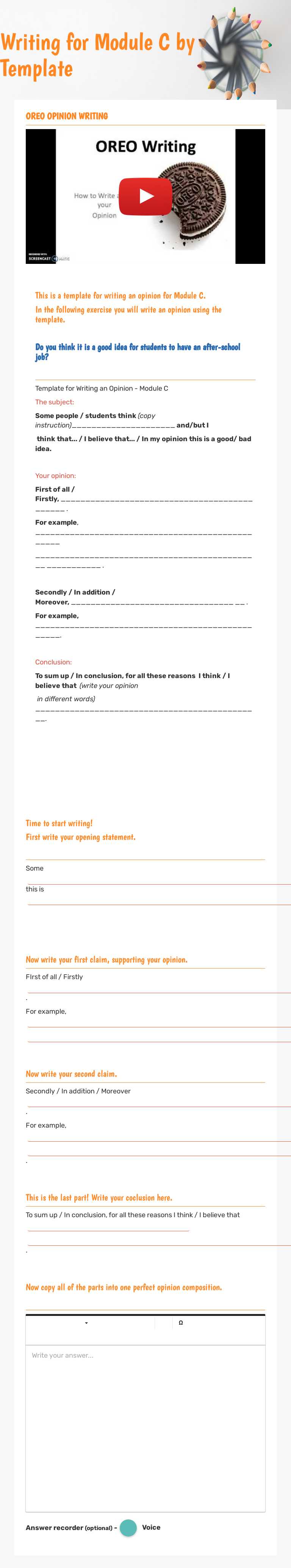 Writing for Module C by Template worksheet preview image