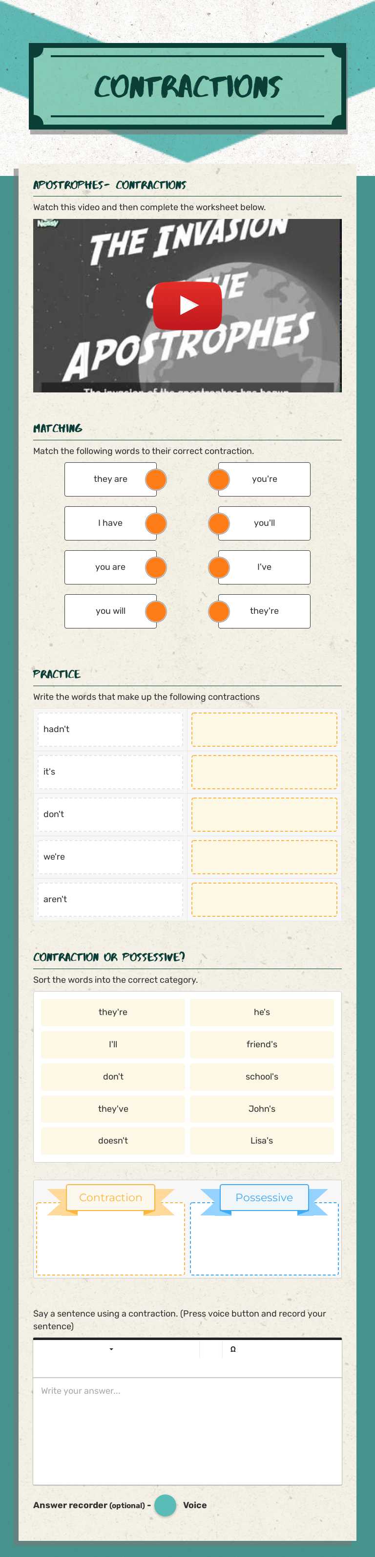 Contractions worksheet preview image