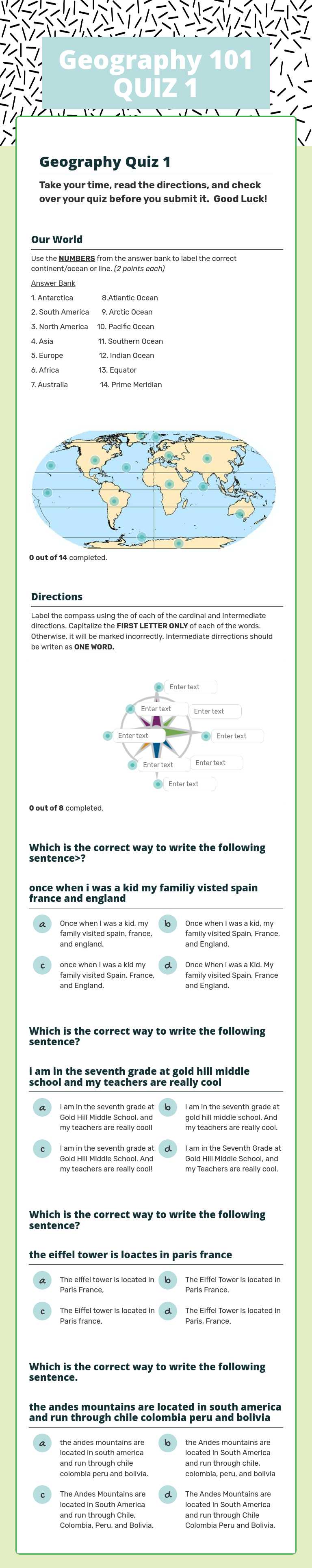 Geography 101 QUIZ 1 worksheet preview image