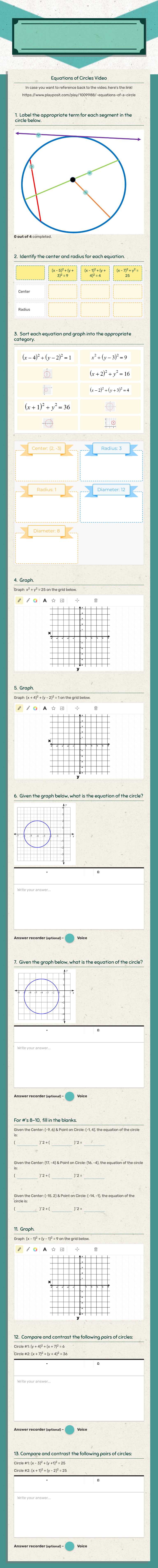 Equations of Circles worksheet preview image