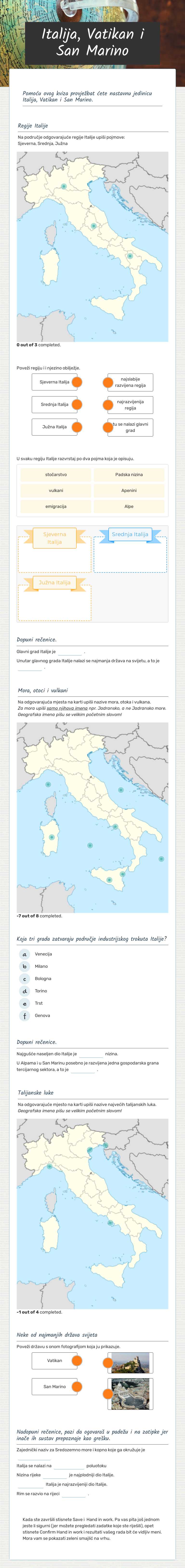 Italija, Vatikan i San Marino worksheet preview image